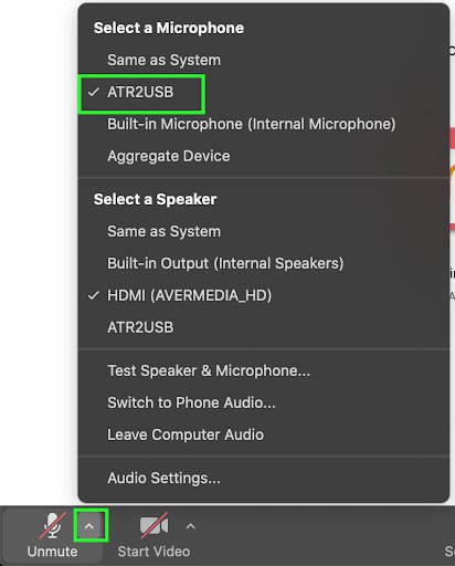Zoom Menu - Select Audio Microphone ATR2USB