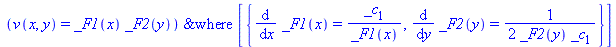 PDESolStruc(v(x, y) = `*`(_F1(x), `*`(_F2(y))), [{diff(_F1(x), x) = `/`(`*`(_c[1]), `*`(_F1(x))), diff(_F2(y), y) = `+`(`/`(`*`(`/`(1, 2)), `*`(_F2(y), `*`(_c[1]))))}])