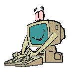 Retro-style graphic of smiling computer screen typing on its own keyboard