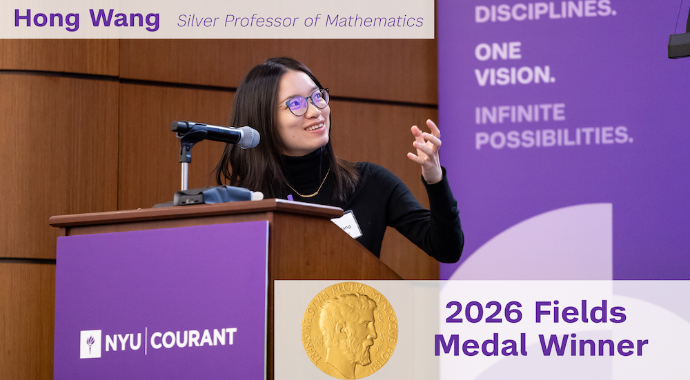 Hong Wang at podium in front of purple background