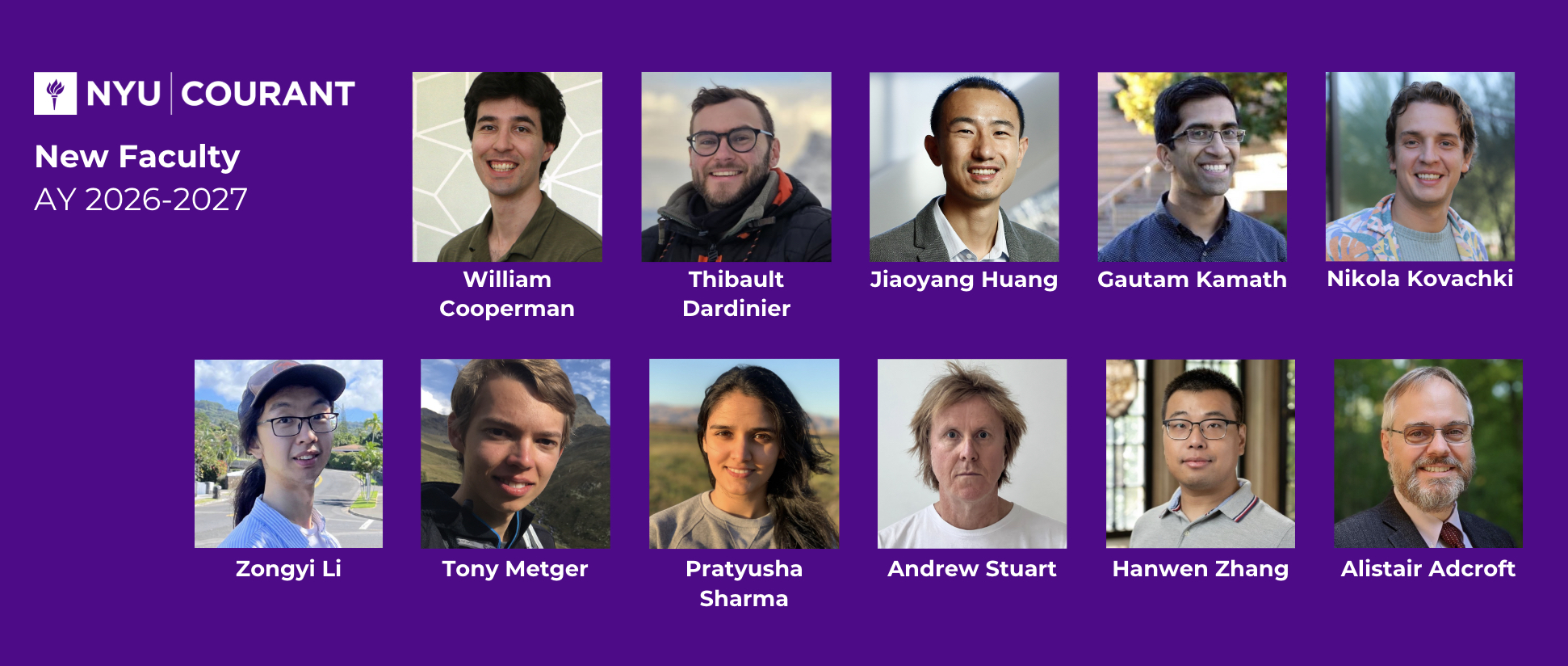 Purple background with 11 headshots of new faculty members arranges over two rows.