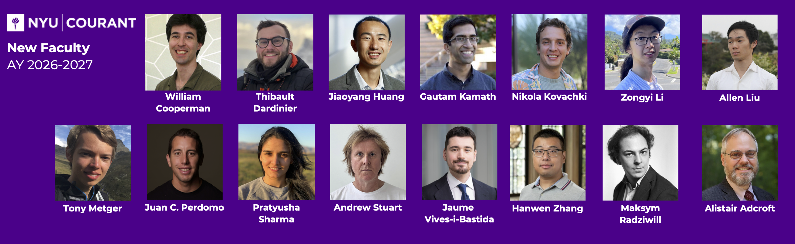 Purple background with 11 headshots of new faculty members arranges over two rows.